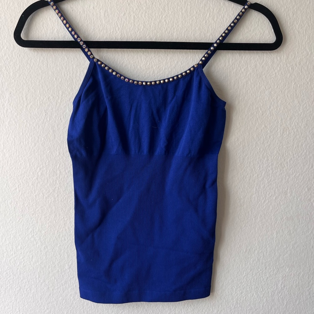 Blue bedazzled Tank top, SIZE ONE, tightens at the waist like spandex